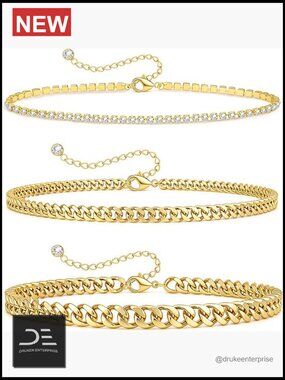 Cuban Link Anklet Bracelet Set Dainty Layered Gold Anklets Rhinestone Tennis